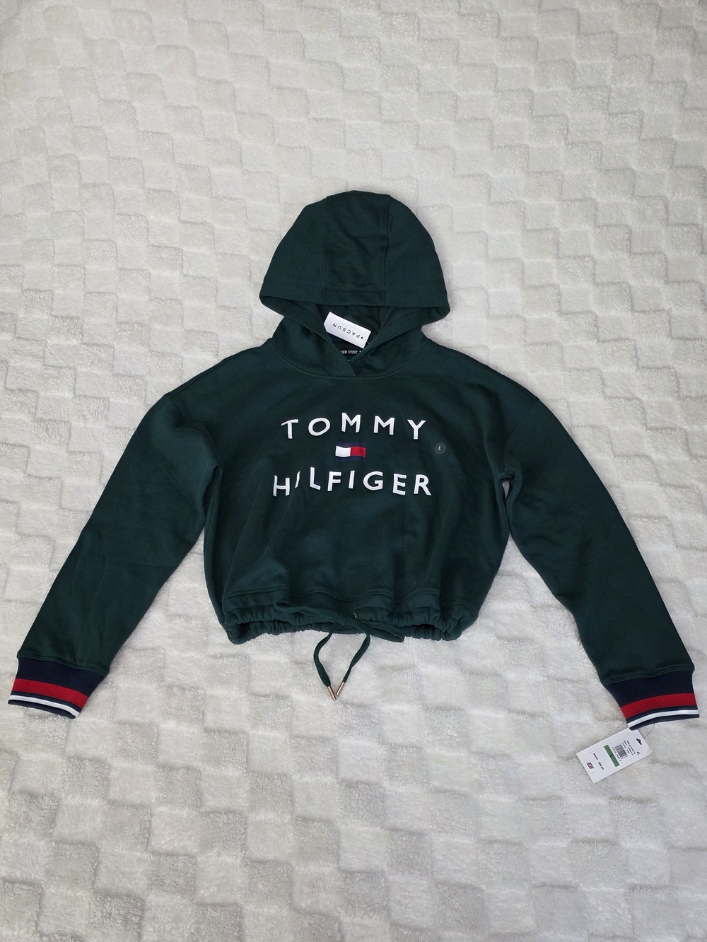 Tommy Hilfiger Sport Cropped Logo Hoodie W/ Adjst. Waist Hunter Green Size L NWT